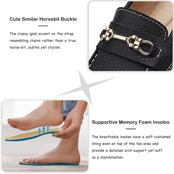 Kordal Women's Black Leather Gold Accent Buckle Slip-Ons Walking Flats Loafers - Picture 4 of 9